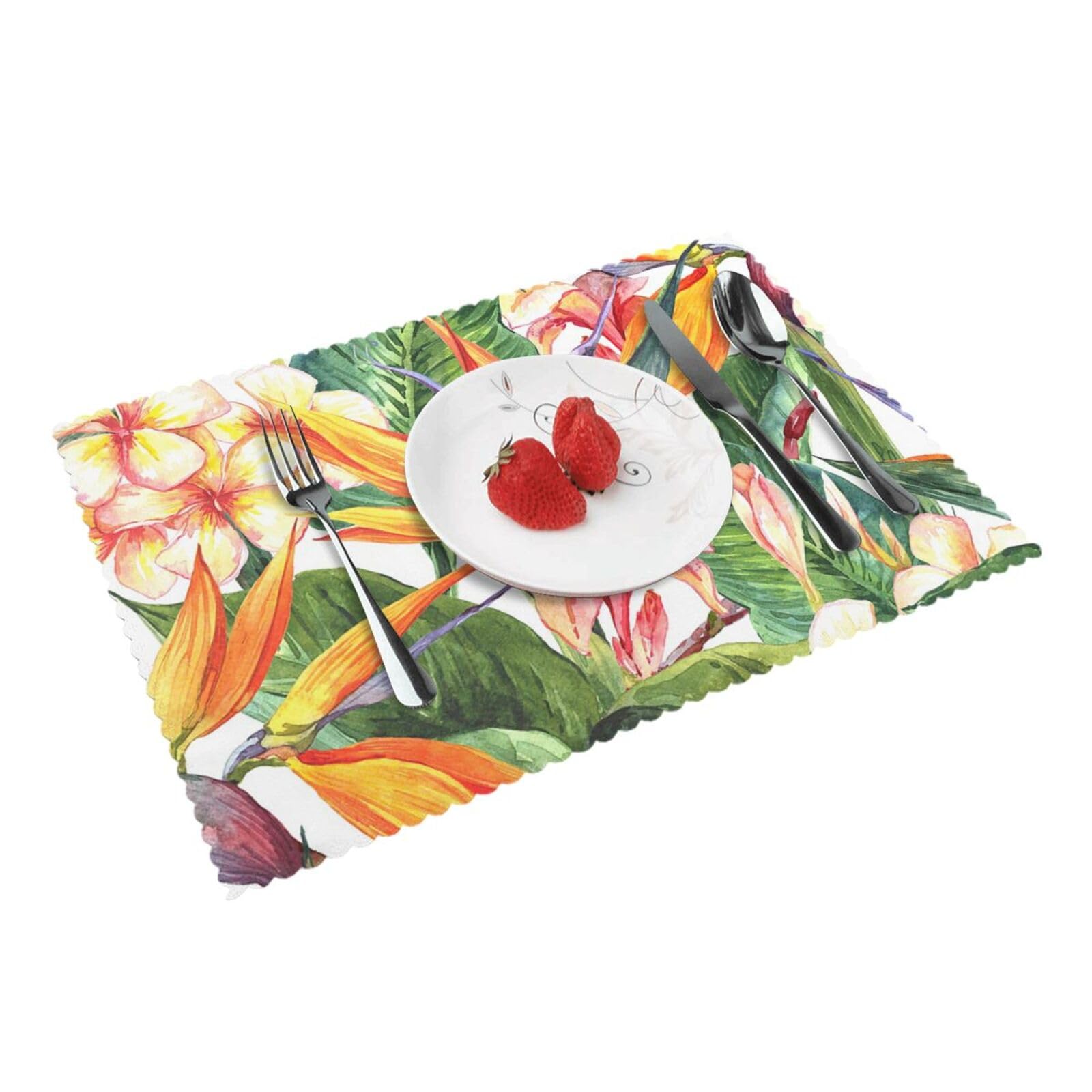 4 PCS Heat Resistant Placemat 45x30 CM, Colorful Flowers Bird Printed Non-Slip Place Mats for Kitchen Dining Table Indoor Outdoor