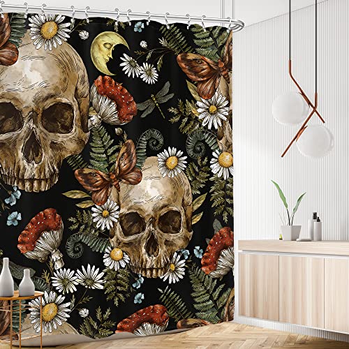 Ambzek Sugar Skull Shower Curtain Mushroom Floral 60Wx72L Inch Gothic Halloween Bathroom Decor Set Goth Skeleton Spooky Men Butterfly Daisy Vintage Artwork Cloth Fabric Bath Accessories 12 Pack Hooks #TOP1