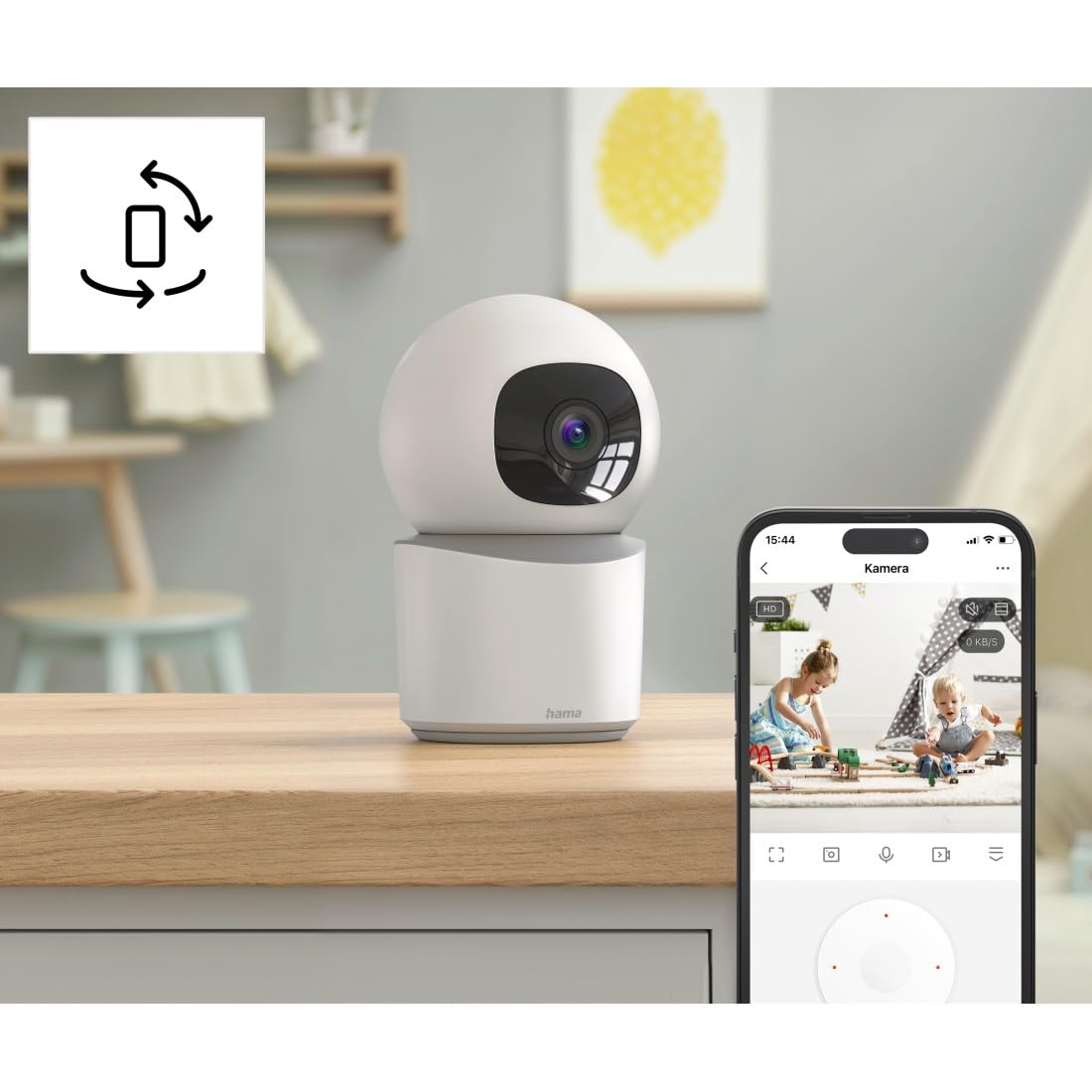 Wewnętrzna Kamera Wi-Fi Hama, Obrotowa, Full HD, Monitorowanie 24/7, Sterowanie Głosowe, Nagrywanie na Kartę microSD, Kompatybilna z Smart Home