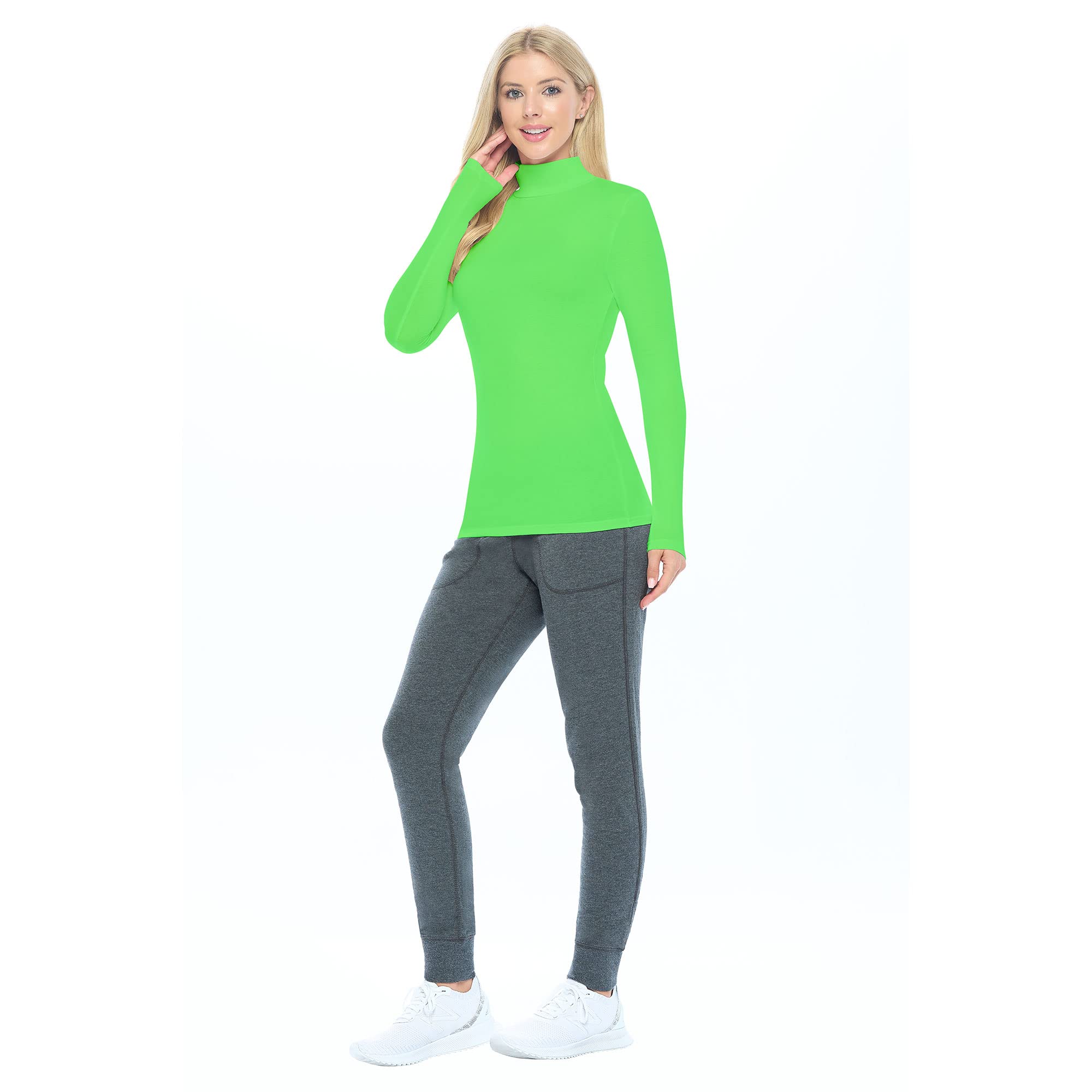 ACTIVE UNIFORMS Women's Long Sleeve Mock Turtle-Neck T-Shirt Under Scrub 2 Pack (Lime Green, Large)