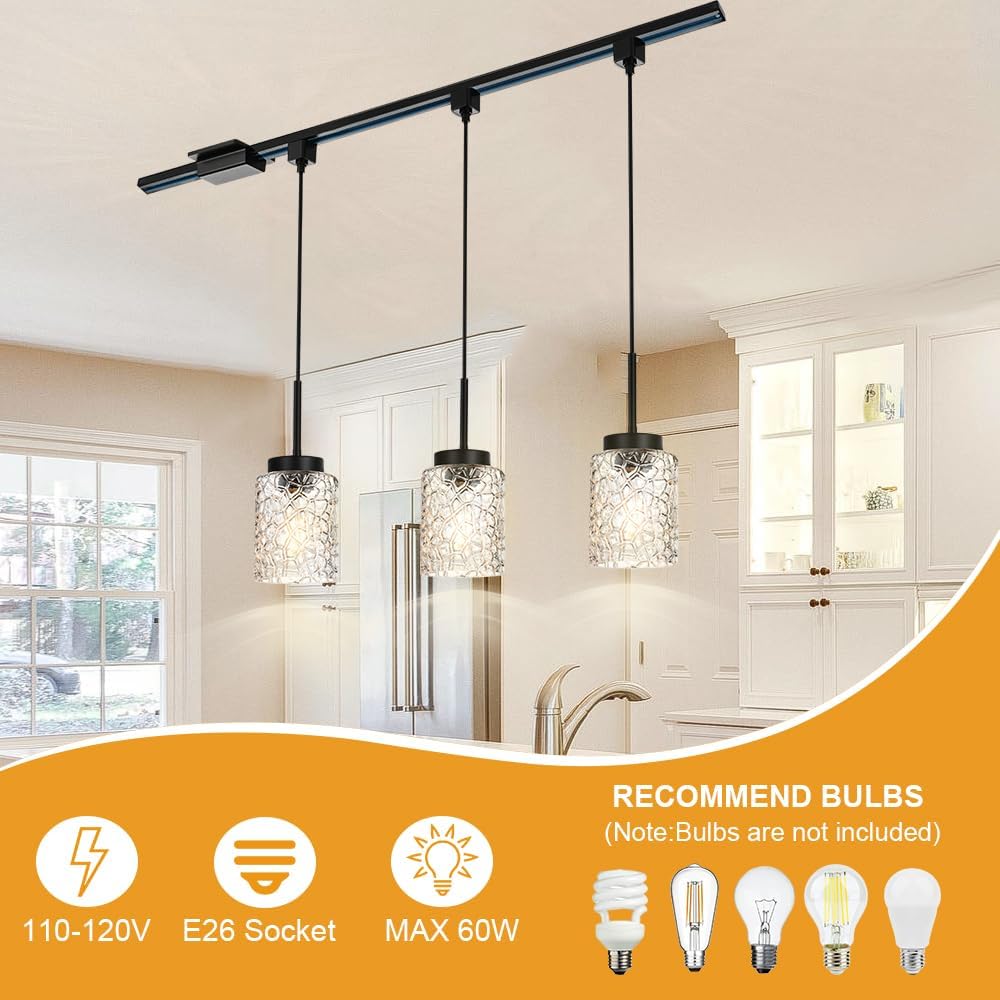 VINLUZ 3-Pack H-Type Track Lighting Pendant Fixture with Clear Glass Shades, Industrial Ceiling Hanging Light Black Finish for Kitchen Island