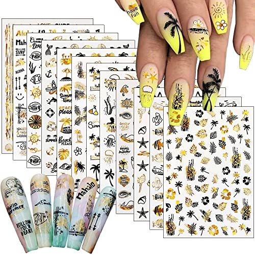 Summer Ocean Nail Art Sticker Spring Flower Nail Supplies 12 Pcs Bronze Black Marine Animal Nail Decals Starfish Fish Dolphin Shell Seaweed Sticker Sea Life Nails Art DIY Nail Decorations for Women
