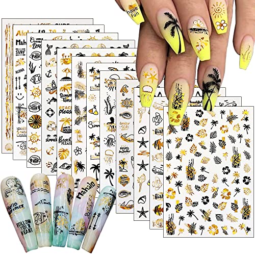 Summer Ocean Nail Art Sticker Spring Flower Nail Supplies 12 Pcs Bronze Black Marine Animal Nail Decals Starfish Fish Dolphin Shell Seaweed Sticker Sea Life Nails Art Diy Nail Decorations For Women #TOP1