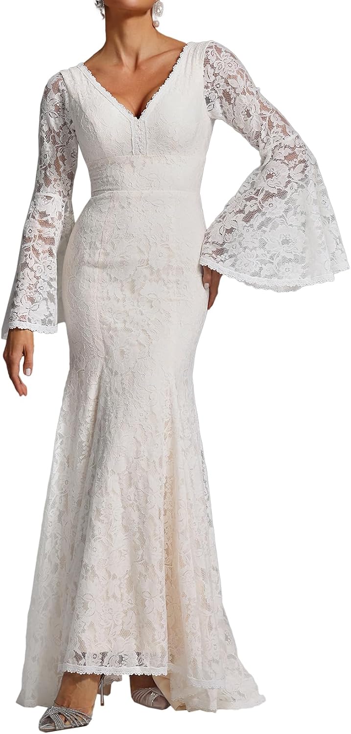 BELLA BARNETT White Lace Flared Sleeve Prom V Neck Fishtail Bodycon Maxi Embroidered Backless Party Dress