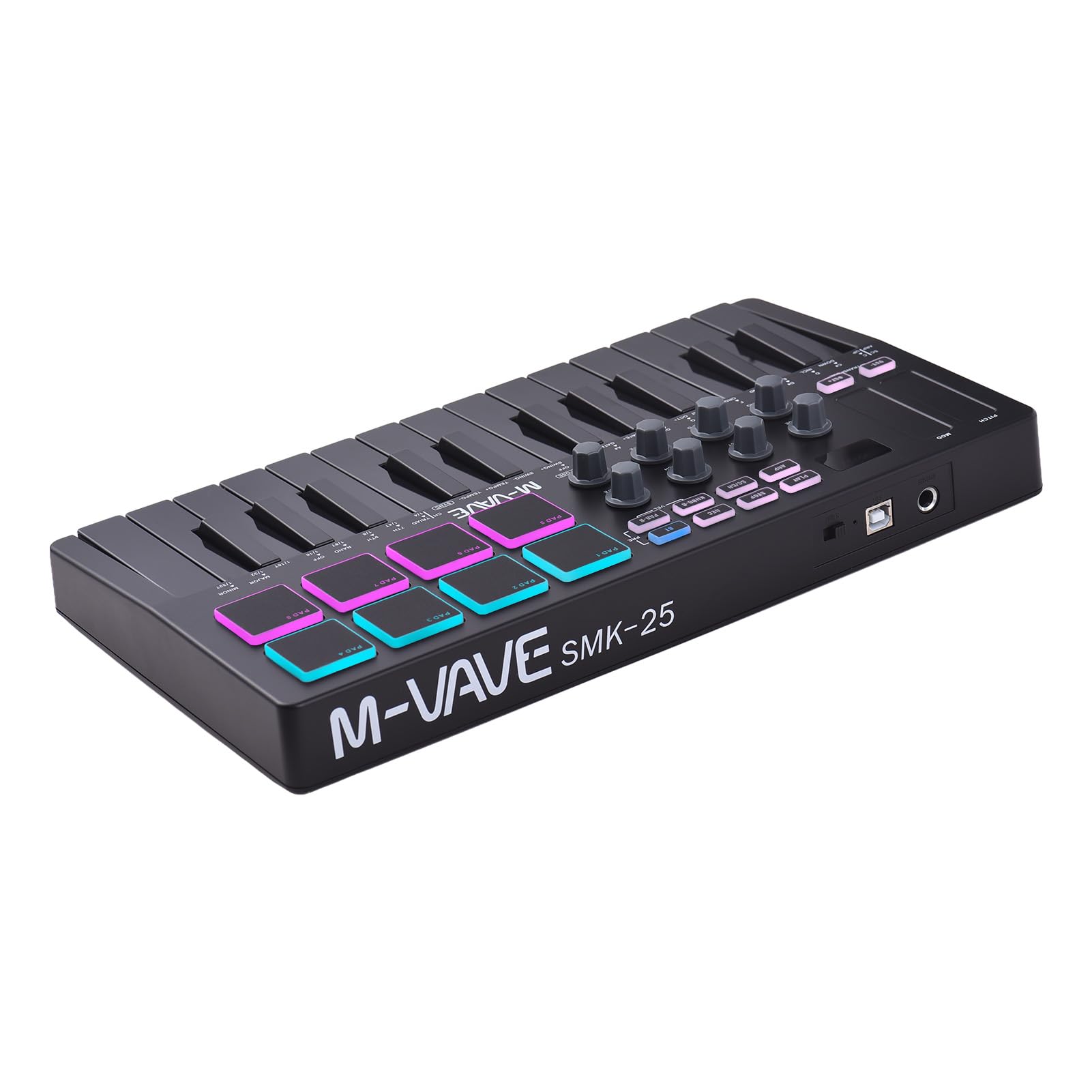Controlador de Teclado MIDI de 25 Key, Almohadillas Retroiluminadas RGB, Batería Calchargable, Perillas Asignables MIDI, para Producción de Música, con Windows/Mac/iOS/Android,