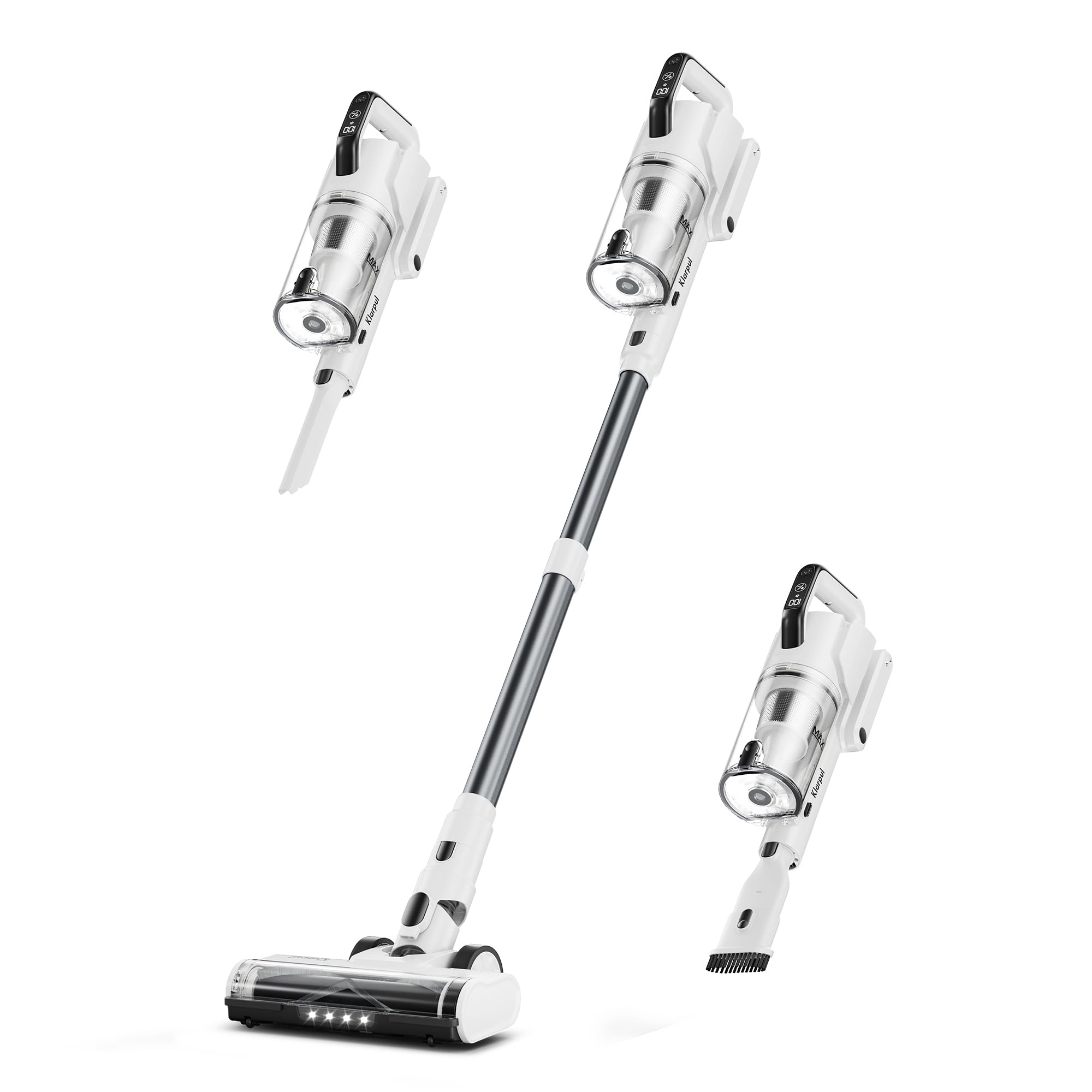 Aspiradora inalámbrica Klarpul de 580 W, 48 kPa, 65 minutos de autonomía, carga rápida, autónoma, luz LED, pantalla táctil, aspiradora vertical para el hogar, ligera, para pelo de mascotas, alfombras y suelos, color blanco