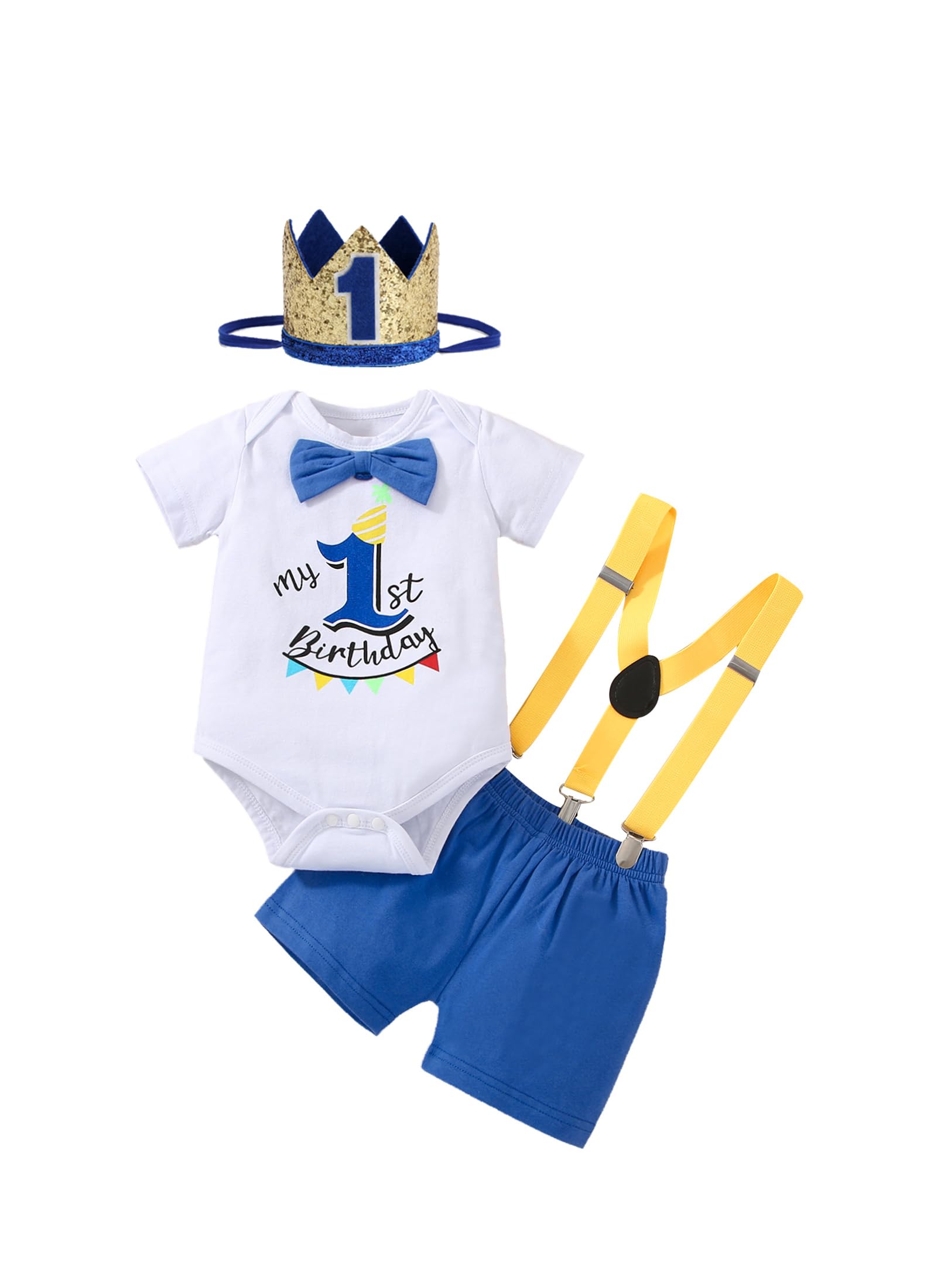 Highnesson-ww Baby Boy Funny First Birthday Clothes Infant Clothes Bow Tie Blue Romper Pants Set Suspenders Cake Smash Outfits