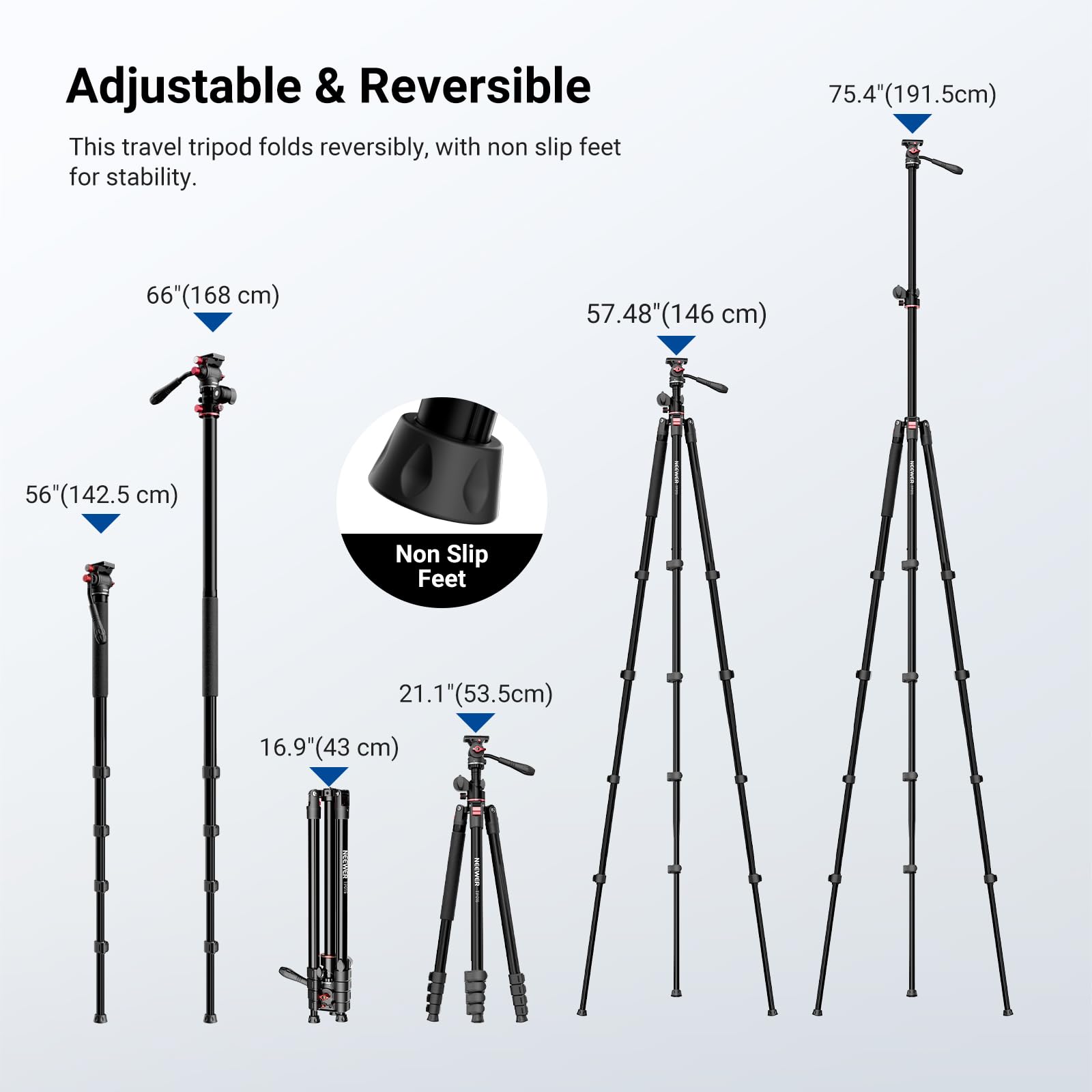 NEEWER BASICS Statyw do kamery górnej, monopod z głowicą płynu i poziomą kolumną środkową, wysokość 75,4 cala, metalowy stojak podróżny DSLR, płyta QR typu Arca i odwracalne nogi, maksymalne