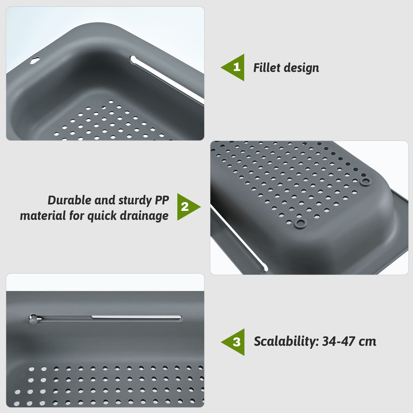 MumdoYAL Colador de Fregadero expandible - Material PP Apto para Alimentos - Orificios de Drenaje eficientes - Soporte de Secado rápido para vajilla - Fácil de Limpiar y Duradero. (Gris Oscuro)