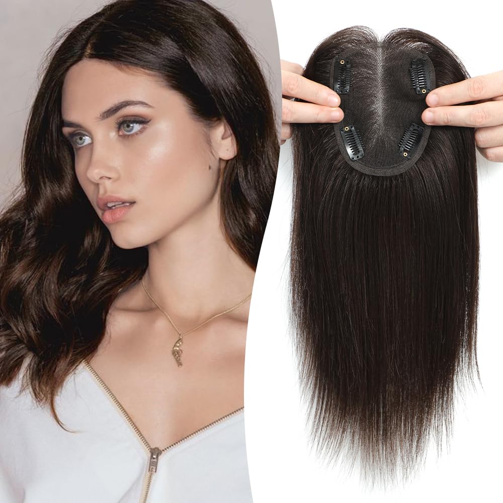 Hair Toppers for Women Hair Topper No Bangs 4*4.8 Inch Swiss Base Human Hair Toppers 12 Inch Toppers Hair Pieces for Women Clip in Hair Topper #2 Dark Brown Wiglets Hairpieces for Thinning Hair