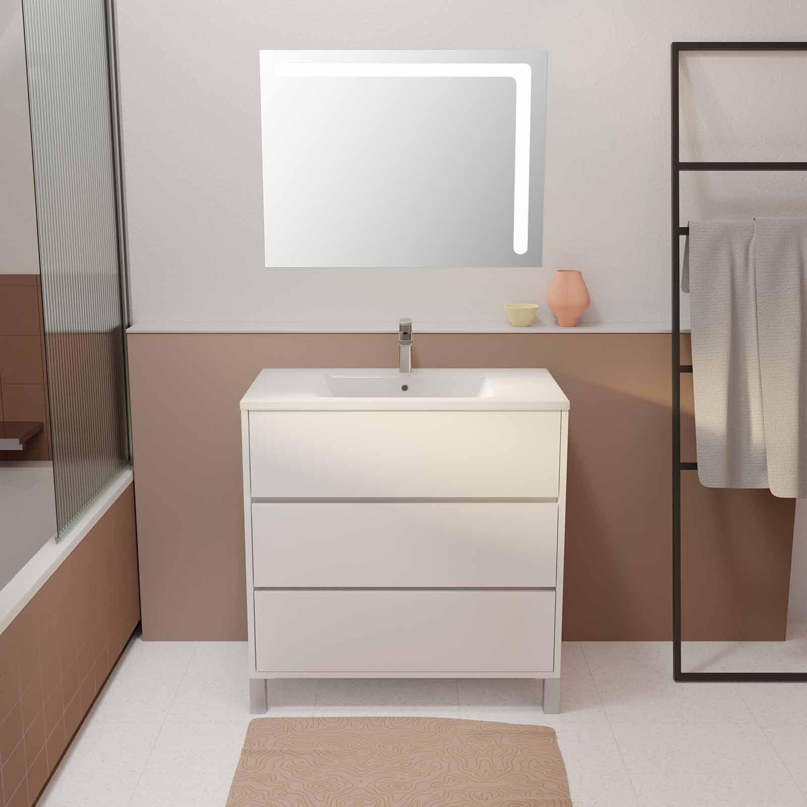 AURLANE Ensemble Meuble de Salle de Bain Blanc 80 cm sur Pied 3 tiroirs + Vasque ceramique Blanche + Miroir