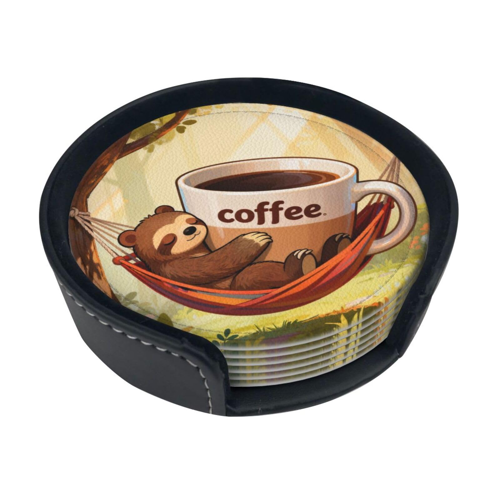Cntdbu White Bear Drinking Coffee Leather Coasters Set Of 6-Pu Leather Drink Mats For Table, Heat Resistant Round Coasters With Holder
