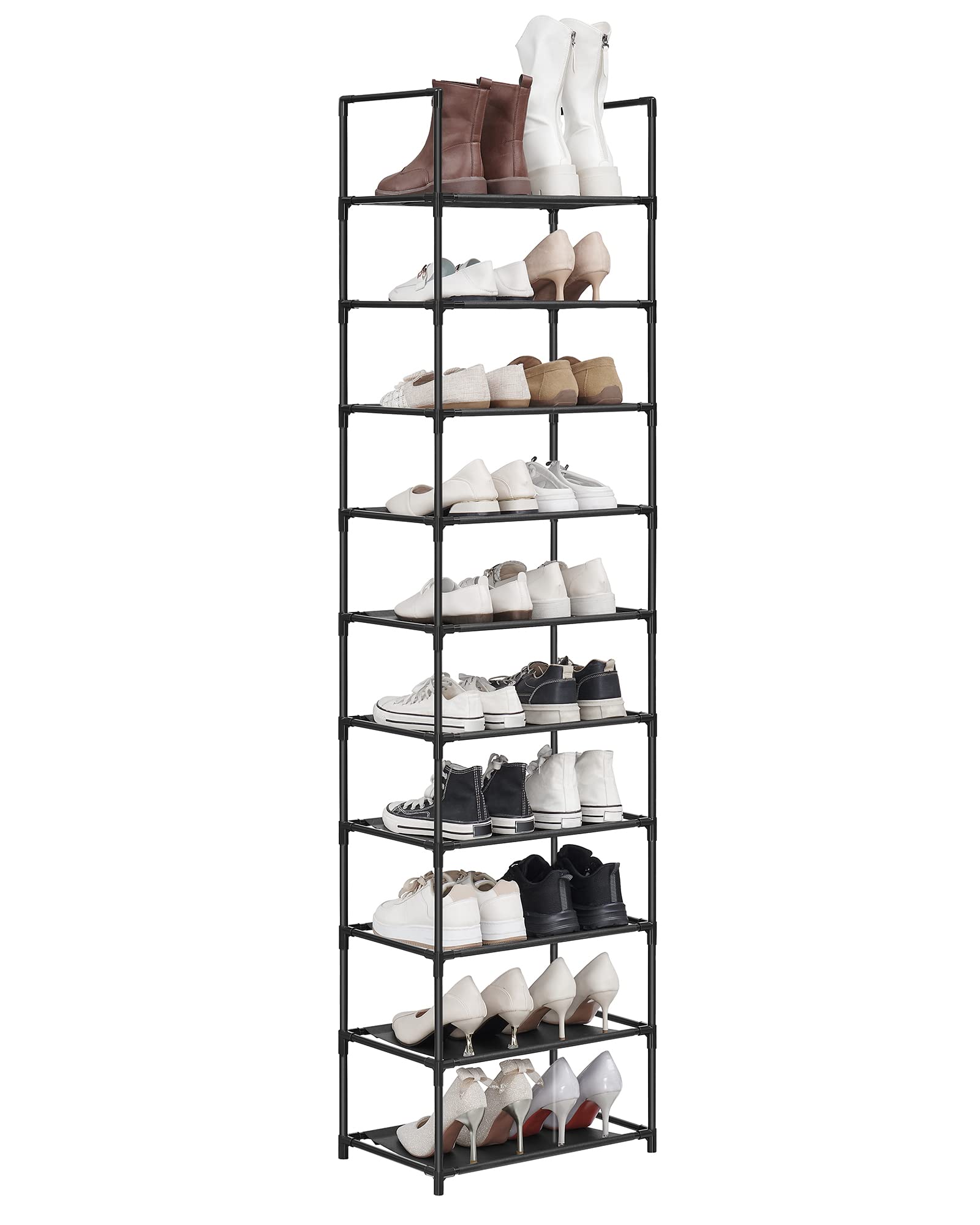 SONGMICS Scarpiera, 10 Ripiani, Scaffale Portascarpe, Organizzatore per Scarpe, 28 x 45 x 173 cm, Telaio in Metallo, Ripiani in Tessuto, Ingresso Corridoio Camera da Letto, Nero LSH010B02