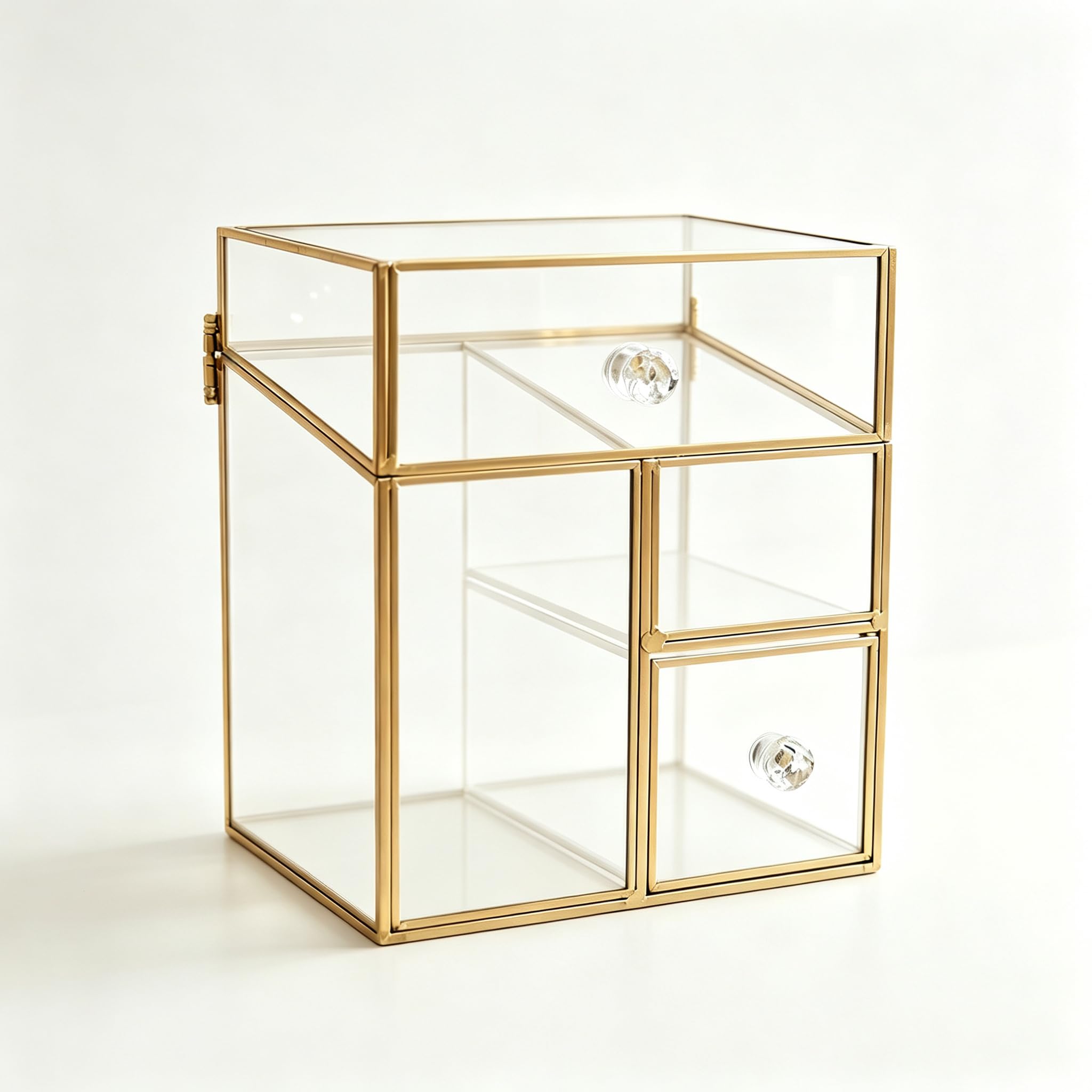 JIARI Organizador de maquillaje de vidrio con cajones, 6.88 x 5.31 x 7.87 pulgadas, acabado dorado, almacenamiento de cosméticos transparente, múltiples compartimentos, exhibición de tocador