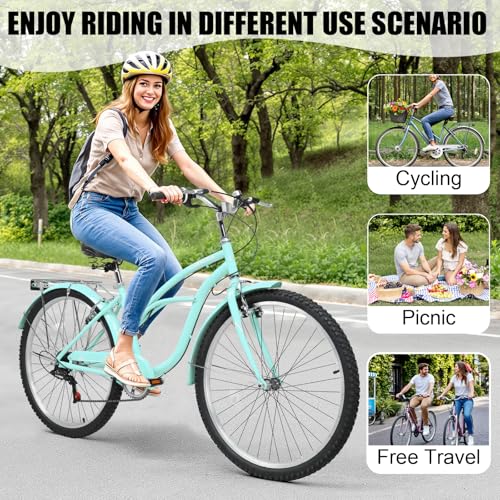 Women Bike, 26 Inch Beach Cruiser Bike, 7 Speed Commuter