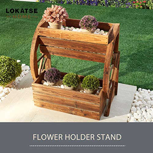 Lokatse Home Wooden Wagon Wheel Double-Tier Planter Outdoor Garden Decor Plant Flower Holder Stand, Brown #TOP6
