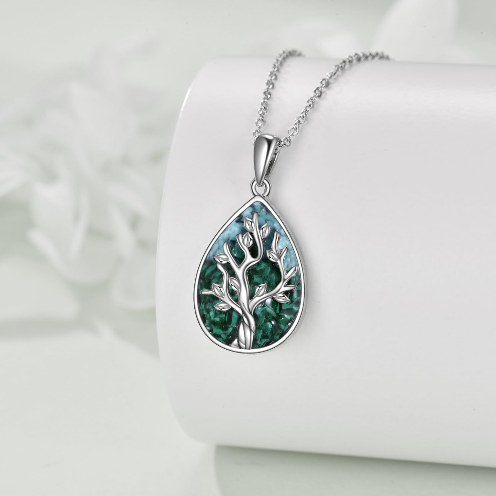 AXELUNA Malachit-Halskette „Baum des Lebens“, Tropfenanhänger aus 925er Sterlingsilber mit Malachit, spiritueller Naturschmuck für Frauen, Geschenk für Wachstum und Verbundenheit