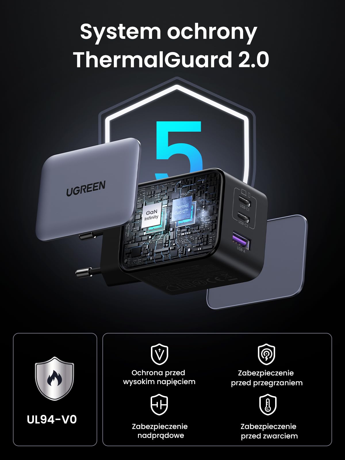 UGREEN Nexode Miniładowarka USB-C 65 W z 3 portami, szybka ładowarka | Zasilacz GaN, ładowarka przenośna, kompatybilna z MacBookiem Air M5, Neo, iPhone'em serii 17-8, Galaxy S-A