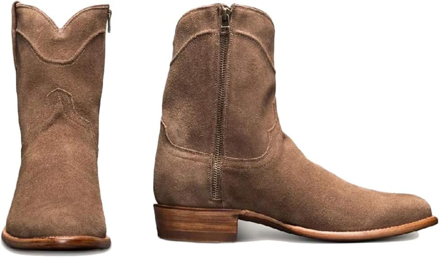 DJFOG Men's Biker Knight Boots Suede Short Boots Round Toe Riding Shoes Vintage Western Cowboy Style Large Side Zipper Shoes