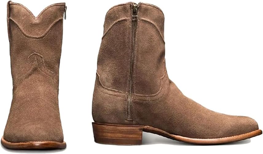 DJFOG Heren biker ridderlaarzen suède korte laarzen ronde teen rijschoenen vintage western cowboy stijl grote schoenen met ritssluiting aan de
