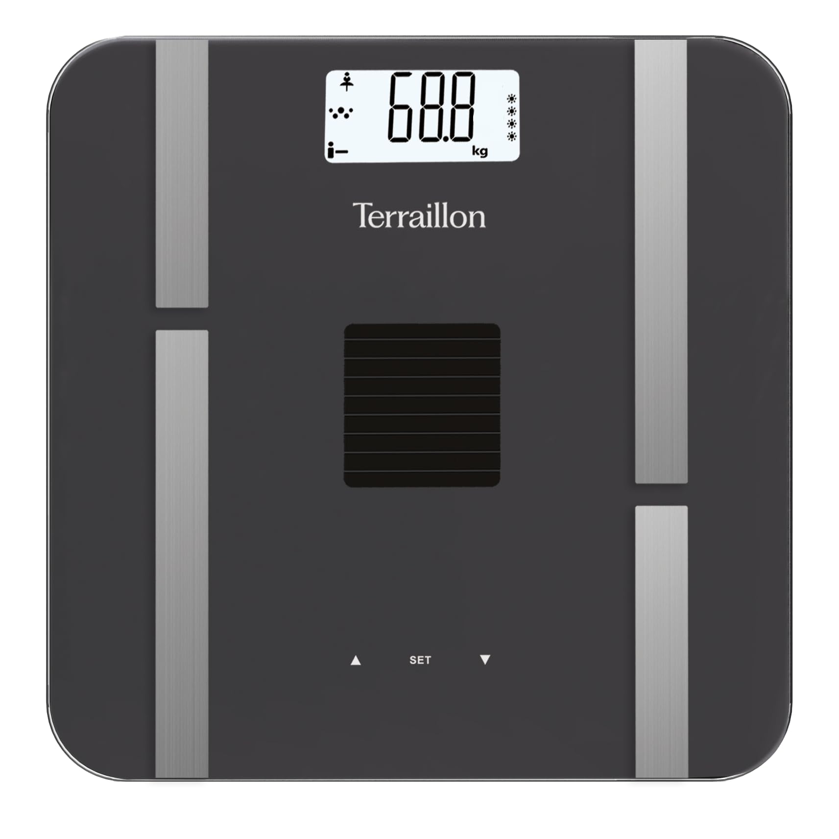 TERRAILLON Balance Pese Personne Solaire, sans piles SUN POWER FIT | Alimentation énergie solaire et lumière artificielle, Sans piles ni batterie, Impédancemètre, Jusqu'à 180 kg, Précision 100g