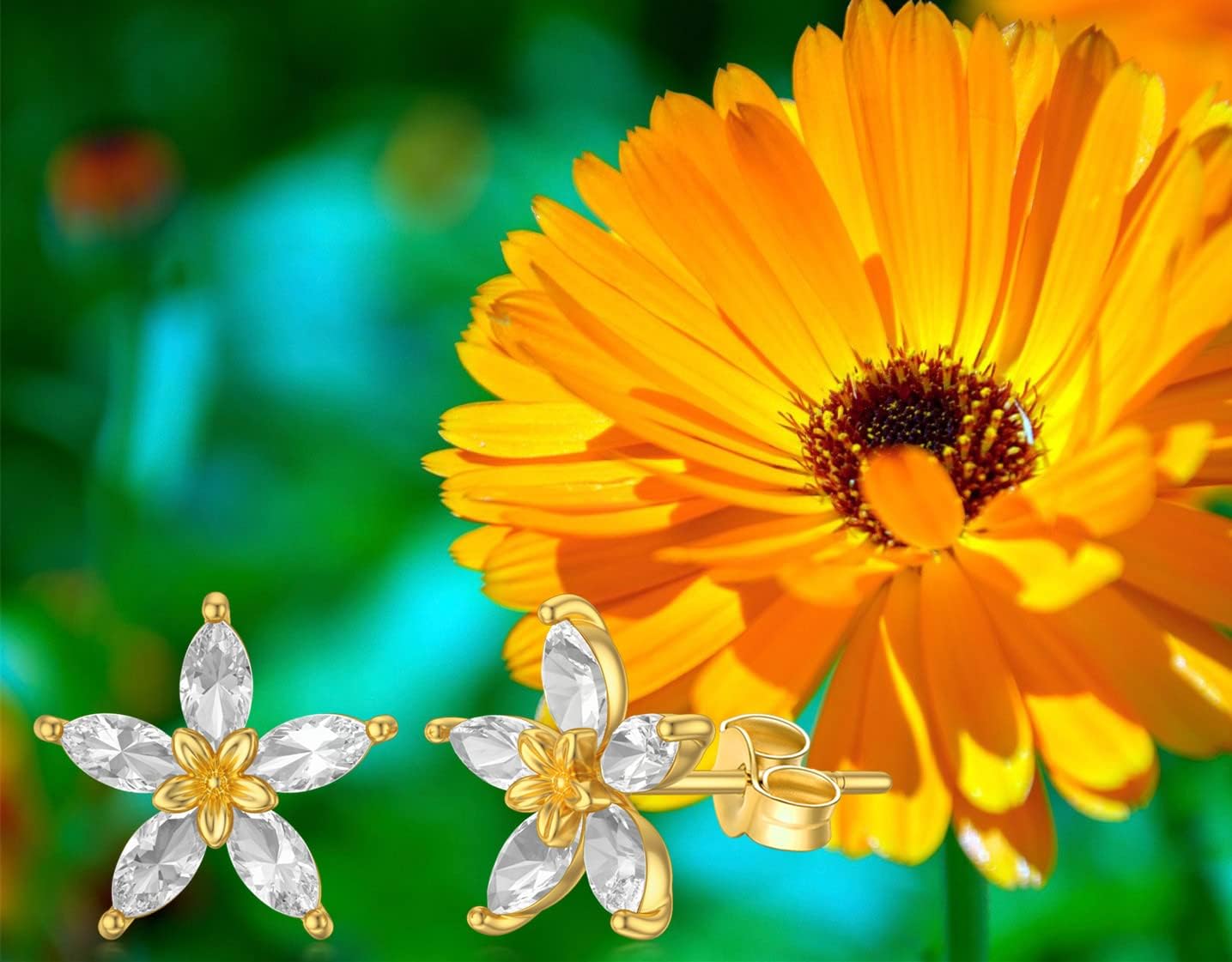 14K Real Solid Gold Crystal Flower Stud Earrings for Women Girls Gifts Her Screw Back Floral Sutd 8.5mm, Yellow