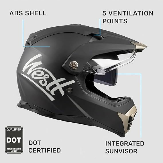 Westt Dual Sport Motorcycle Helmet Off-Road Helmets for Adults, Dual Visor Motorcycle Helmet - Full Face ATV UTV Helmet Dirt Bike Motocross Helmets DOT Approved