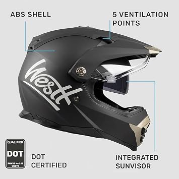 Westt Dual Sport Motorcycle Helmet Off-Road Helmets for Adults, Dual Visor Motorcycle Helmet - Full Face ATV UTV Helmet Dirt Bike Motocross Helmets DOT Approved