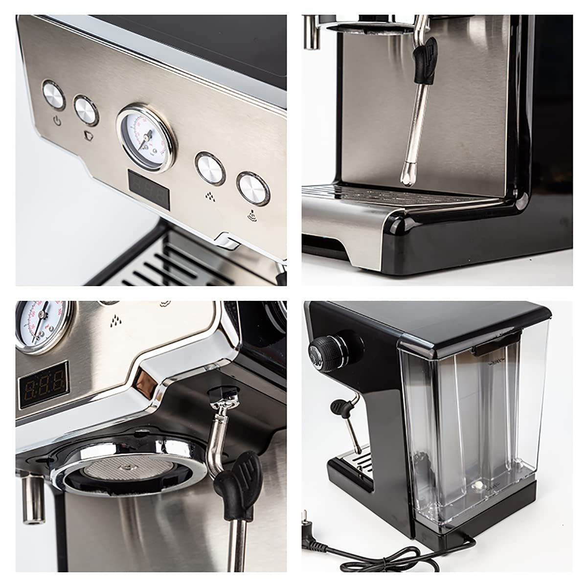 Macchina per caffè espresso semiautomatica, macchina per caffè espresso con montalatte, caffettiera per latte e cappuccino, 15 bar di pressione, serbatoio da 1,7 litri, 1450 W, acciaio inossidabile