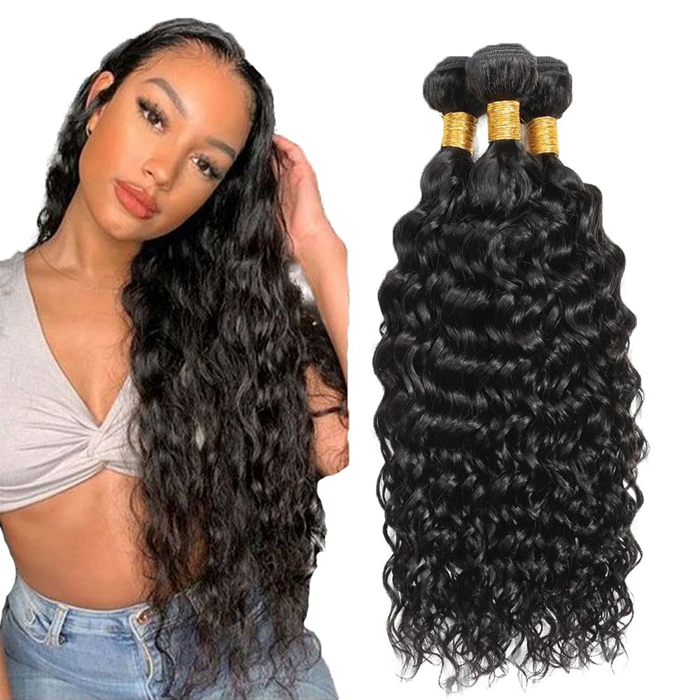 Photo 1 of Water Wave Bundles Human Hair 28 30 32 Inch #1B Natural Black Water Wave Bundle Human Hair Extensions Unprocessed Virgin Remy Hair 3 Bundle 50 Gram Per Bundle For Women