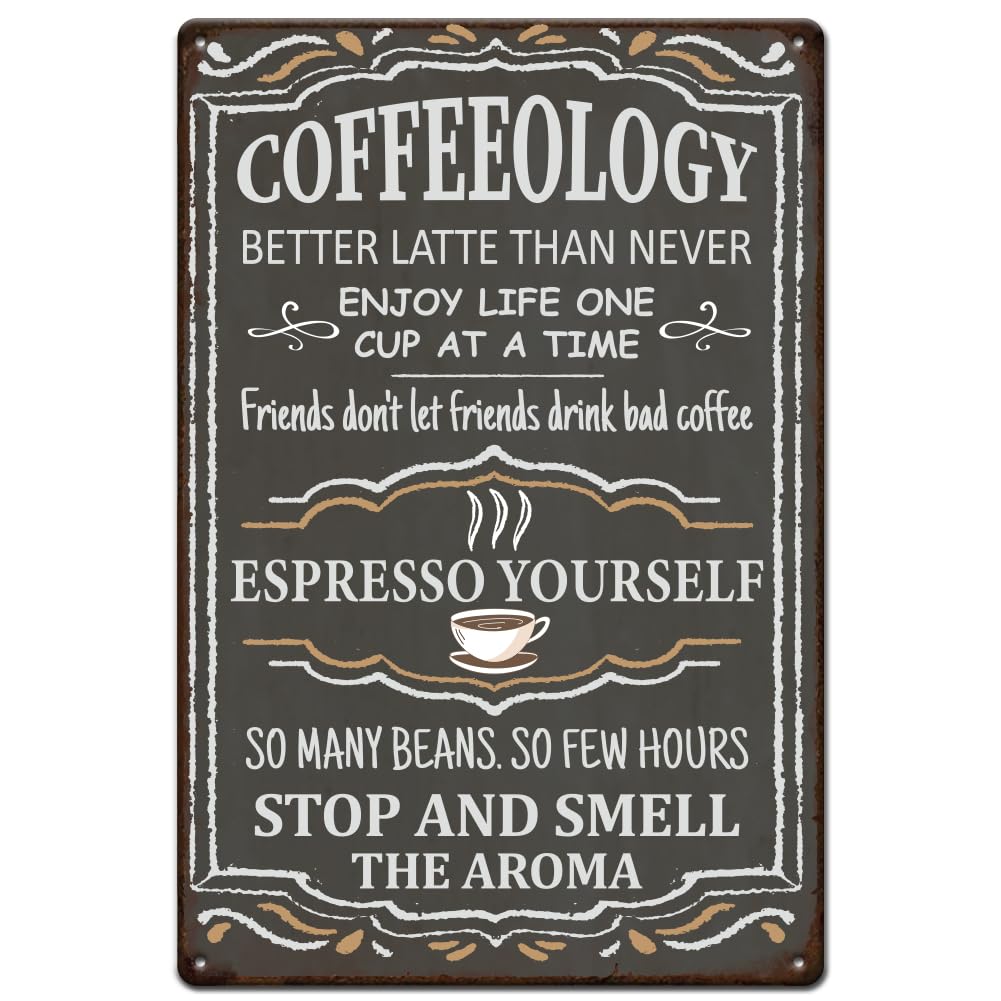 peiyeety Coffeeology Metal Tin Sign Inspirational Quotes Tin Signs Cafe Kitchen Metal Signs Hanging Metal Posters for Kitchen Bars Cafe Pubs Restroom Living Room 30x30cm 8"x12"