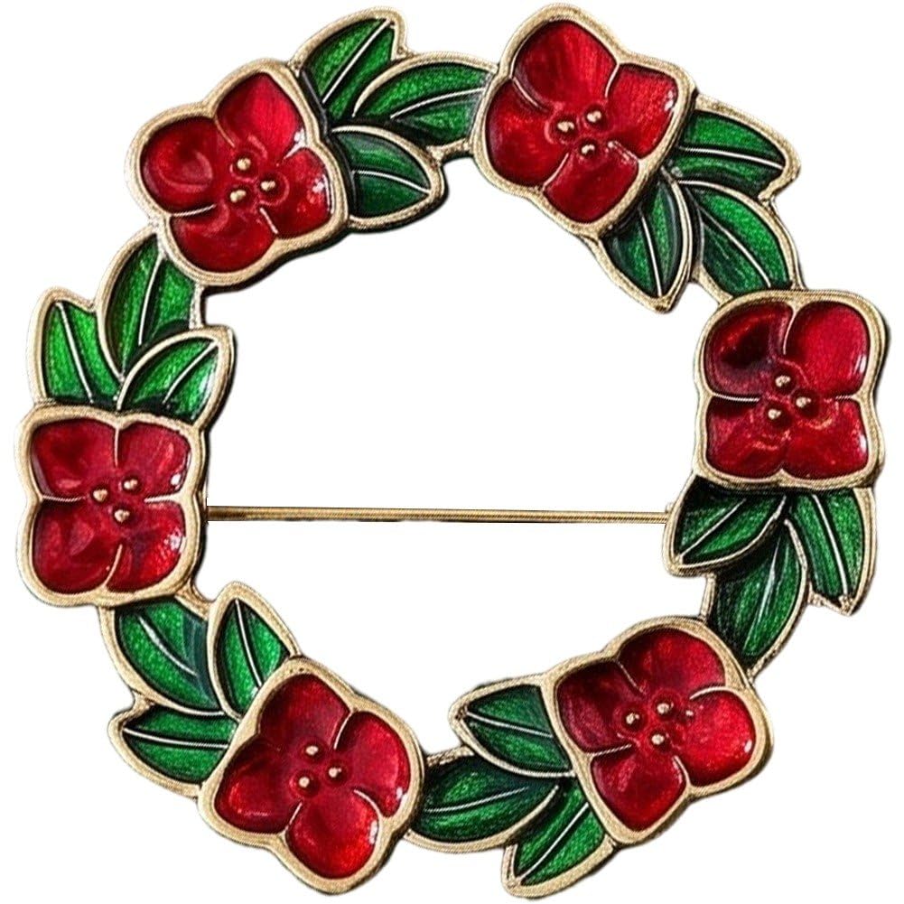 Sslvya Red Flower Brooch with Green Leaves Exquisite Safety Pin with Dripping Oil Finish for Scarves and Cardigans Accessory