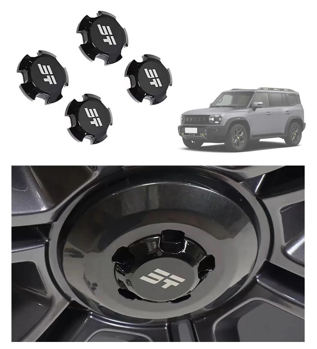 4 Wheel Caps Cover Set of 4 glossy black + 24 Black screws decorative, Suitable for Jetour T2 2023 2024