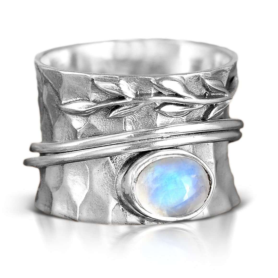 Boho-Magic925 Sterling Silver Leaf Spinner Fidget Ring for Women with Moonstone Gemstone