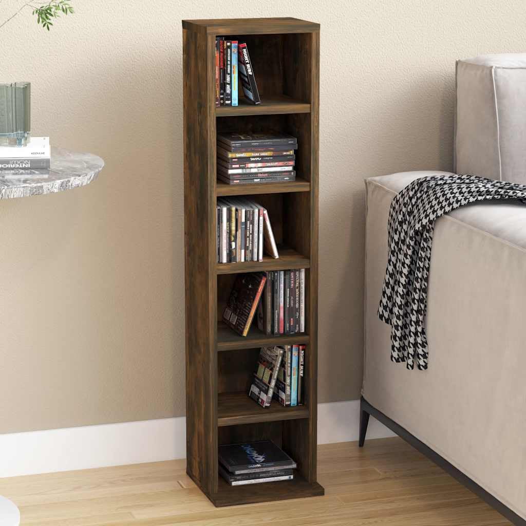 Mangloder CD Regal Räuchereiche aus Holzwerkstoff 21 x 20 x 88 cm mit 6 offenen Fächern, Wandhalterung, platzsparend für Wohnzimmer, Büro, Heimkino und ordentliche Medienaufbewahrung