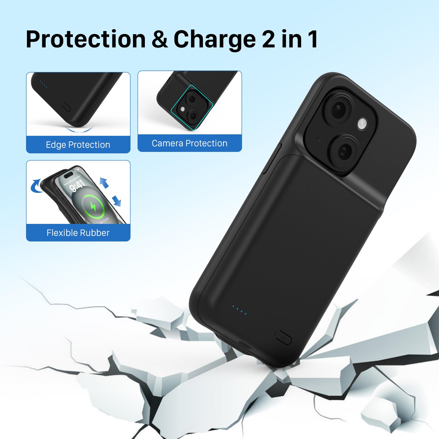 Akkuhülle für iPhone 15, [ 6800mAh ] Zusatzakku Ladehülle Akku hülle Handyhülle,wiederaufladbare Powerbank Akku Hülle kompatibel für iPhone 15 (6.1 Zoll) (Schwarz)