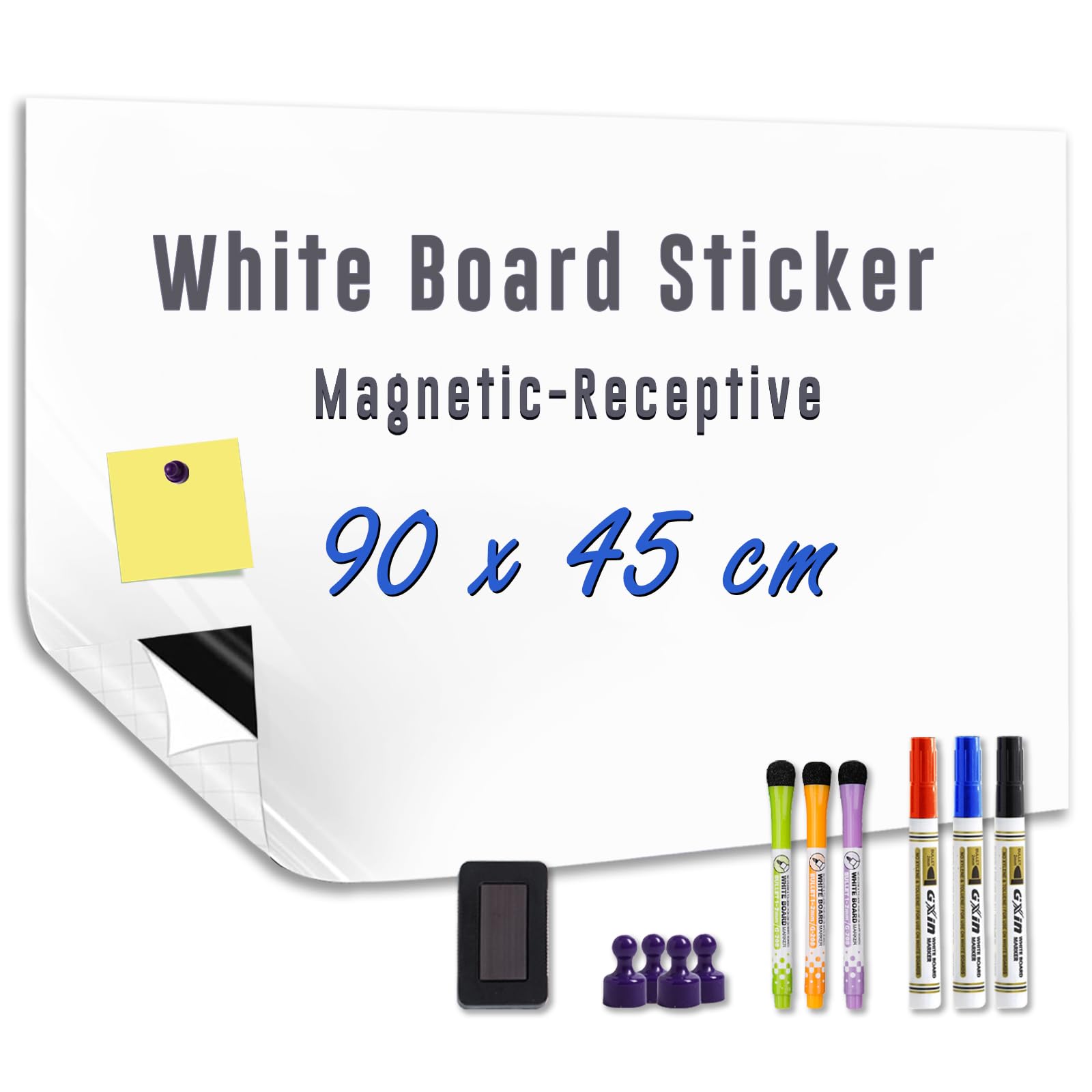 Magnetic White Board Sticker - Adhesive Backing 90x45cm Dry Erase Board for Wall Whiteboard Contact Paper for Office Home Door Include Marker Magnet Eraser