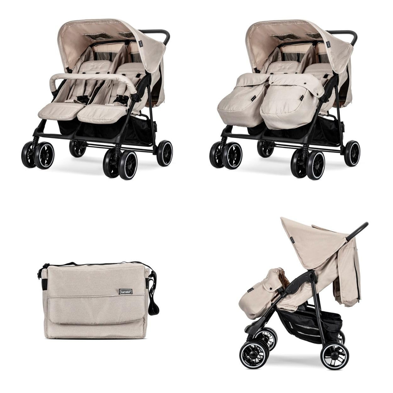 Lorelli Zwillingskinderwagen Twin Buggy klappbar für 2 Kinder, Kompakter Geschwisterwagen mit Einhand-Klappsystem, Beige