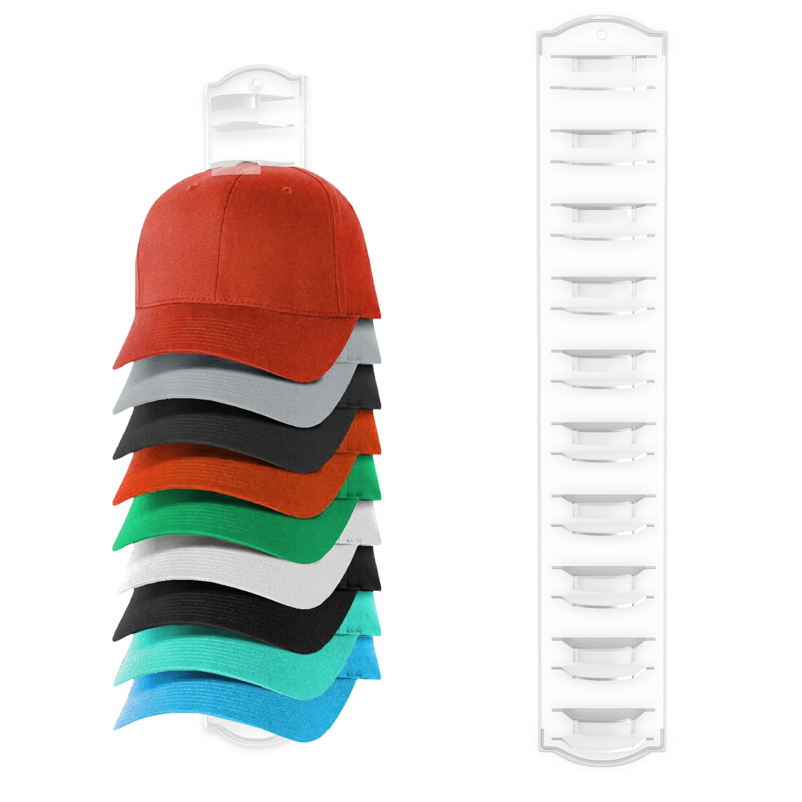 MSKEI Hat Organizer for Baseball Caps on the Wall, Adhesive Hat Storage Rack, Ball Cap Hooks Display, Vertical Hat Hanger Holder for Door and Closet, Hold Up to 10 Hats, Clear, 1 Pack