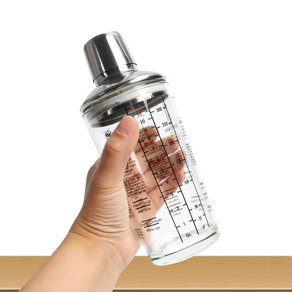 WolFum Glas-Cocktail-Shaker, transparente Skala, Bar-Shaker, Tasse, Weinmischen für Barkeeper, Saft, Wasserflasche, Edelstahl, Party, WolFums (Größe: 350 ml)