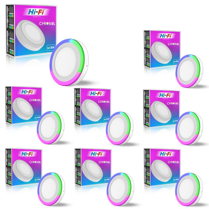 Image of Hi-Fi Chroma 2-in-1 6W+3W Double Color Round LED Surface Light for Home & Office | (Cool White + PGB (Pink + Green + Blue), Pack of 8)
