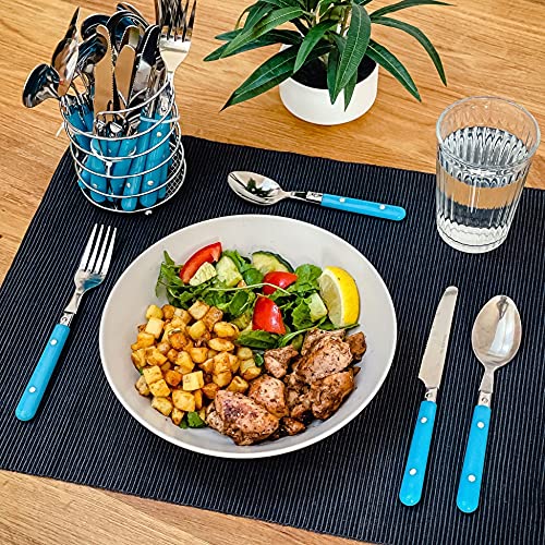 Foto von Besteck Set mit Besteckkorb - Für 6 Personen - Ideal für Camping und Unterwegs - Spülmaschinenfest - Edelstahl - Blau