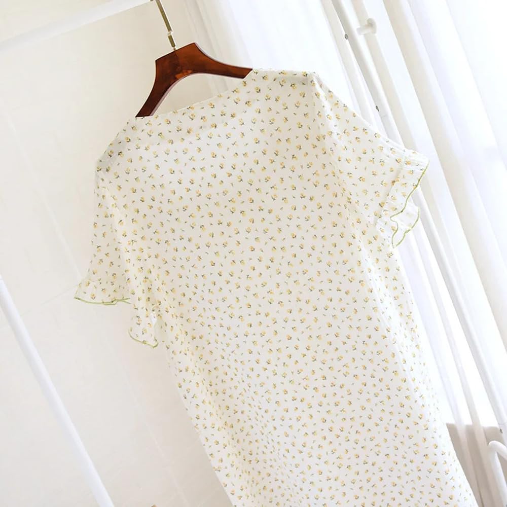 Camisón para Mujer - Camisón De Verano De Algodón para Mujer, Vestido Largo De Manga Corta con Estampado Floral, Falda Fina Holgada De Talla Grande para El Hogar, De Algodón