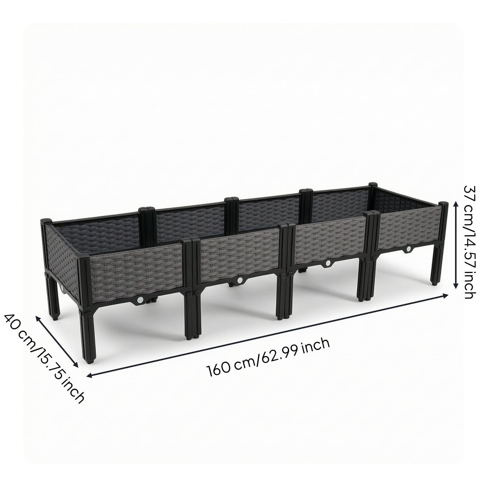 Gralara Jardinera Plástico con Autorriego Elevada Macetero Rectangular con Patas Acogedor Jardinera Patas para Principiantes, 160 40 37 Cm, Caja Elevada De 4 Unidades, Gris