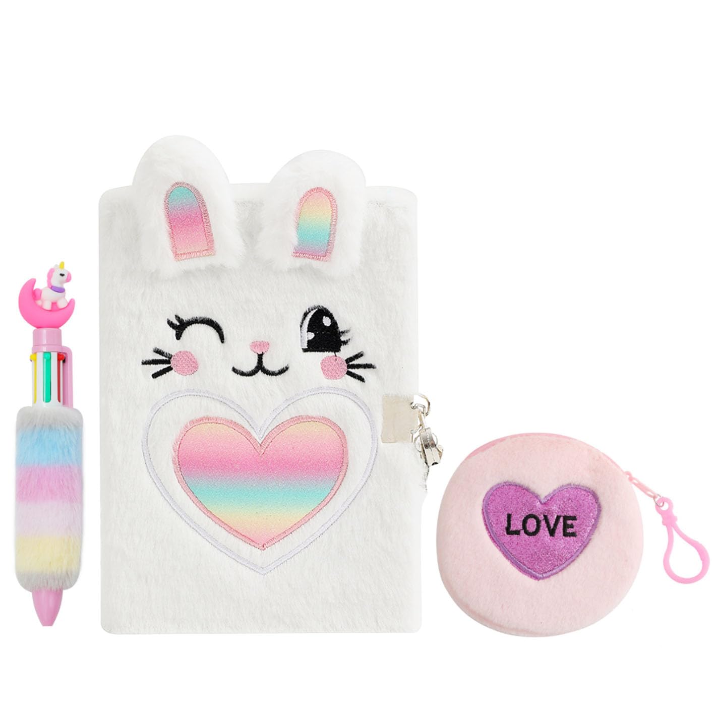 Belegao Rabbit Diary with Lock for Girls Fluffy Journal with Lock Keys Purse and Pen Secret Diary for Kids Home School Travel Writing Notebook Plush Rabbit Rainbow Heart