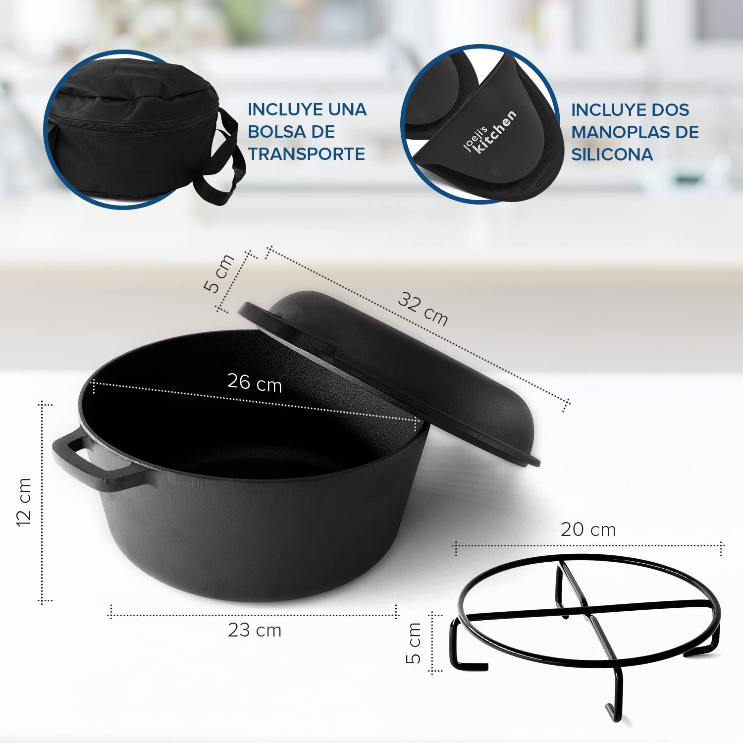 Joejis - Olla holandesa de hierro fundido presazonado de 4,7 L con tapa multiusos de 1,75 L, apta para horno y todo tipo de fuegos, olla holandesa de hierro fundido 2 en 1 para hacer pan, estofar