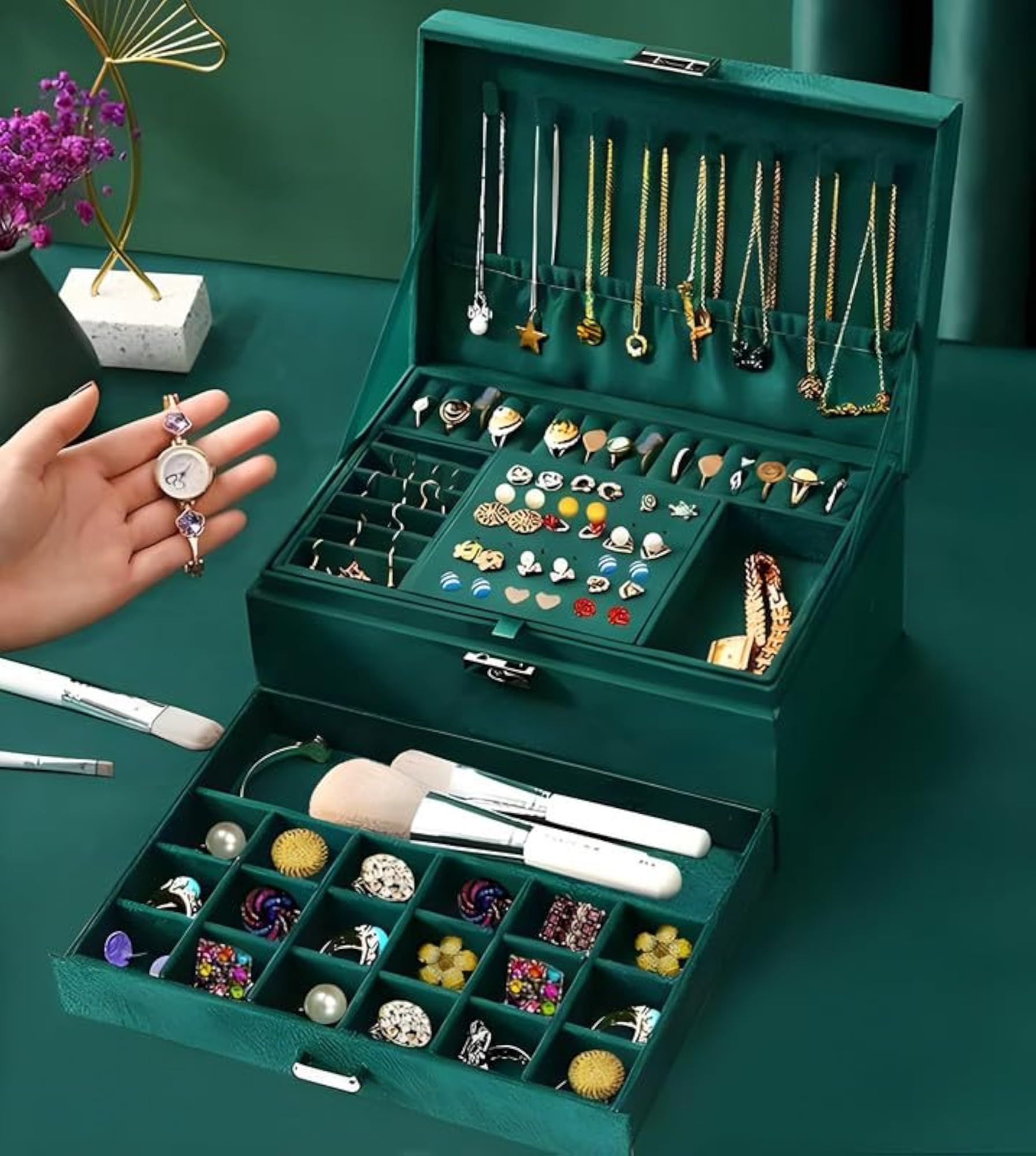 Vintage Flannel Jewelry Box with Drawer for Women
