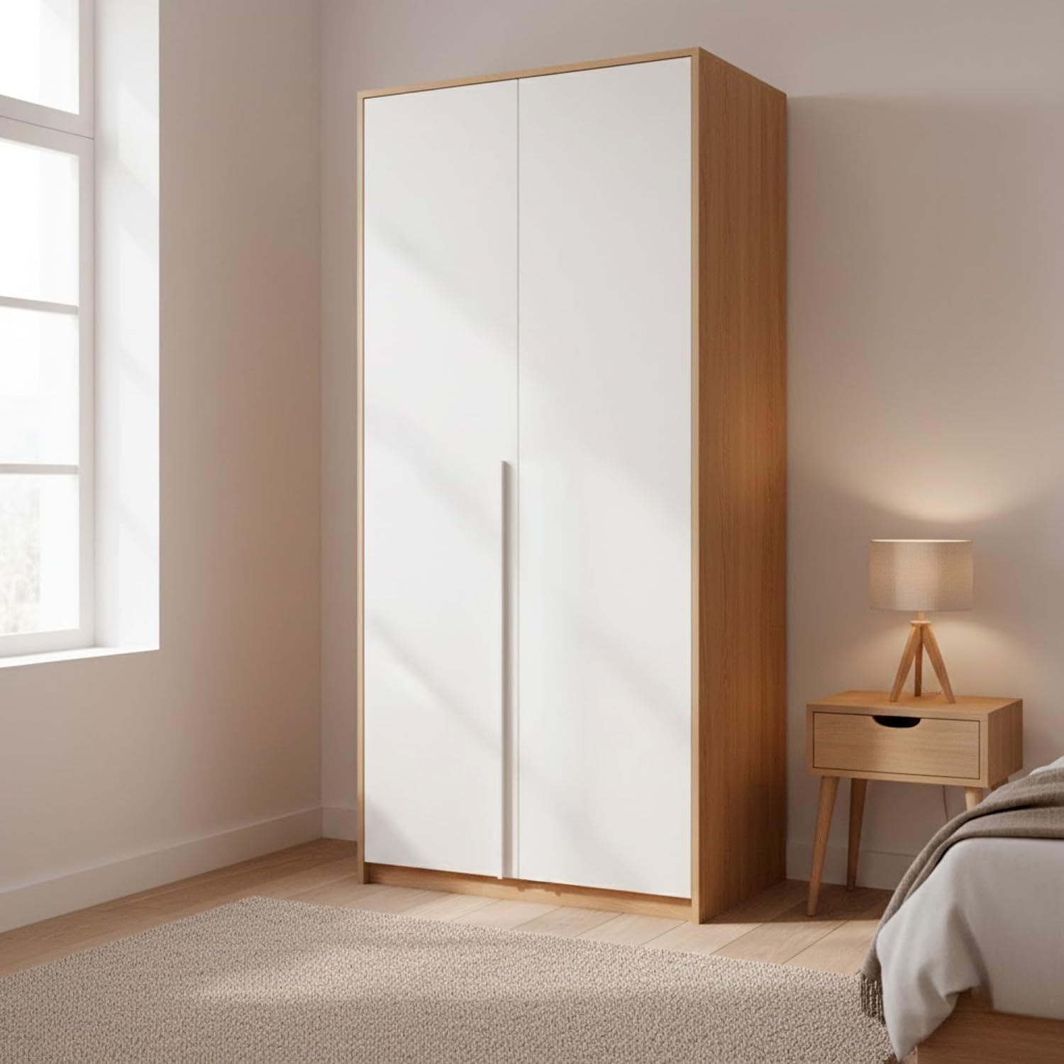 Arreditaly Armadio A 2 Ante Con Asta Appendiabiti E 3 Ripiani Armadietto Mobile Guardaroba Mobiletto Moderno Per Cameretta Camera Ragazzi 90 x 200 x 52 Cm Bianco E Rovere