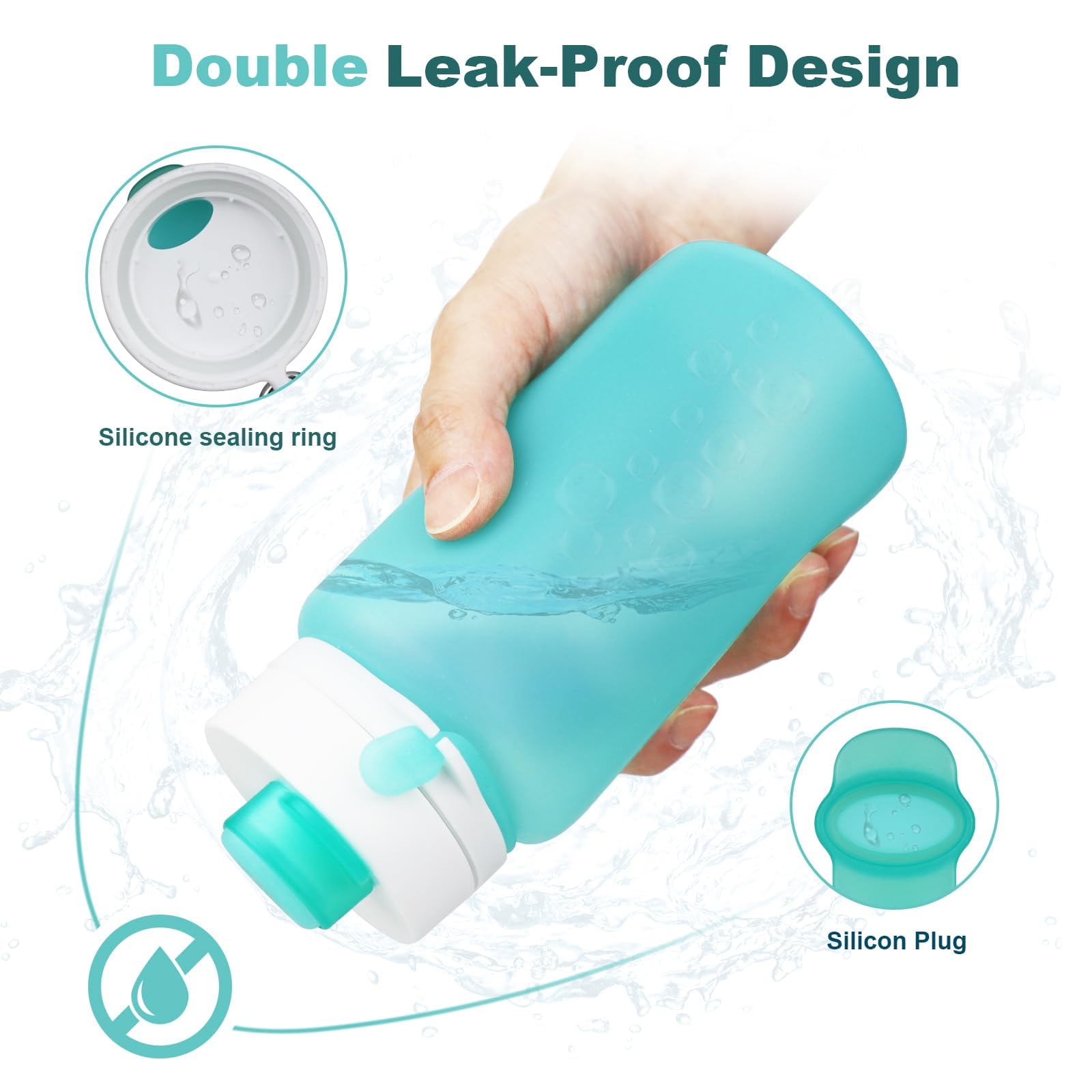 PLTCAT Faltbare Wasserflaschen, 540 ml, faltbare Silikon-Reiseflaschen | Grün, BPA-freies Silikon, auslaufsichere Deckel, spülmaschinenfest, Karabiner-Clips, kompaktes Roll-Up-Design