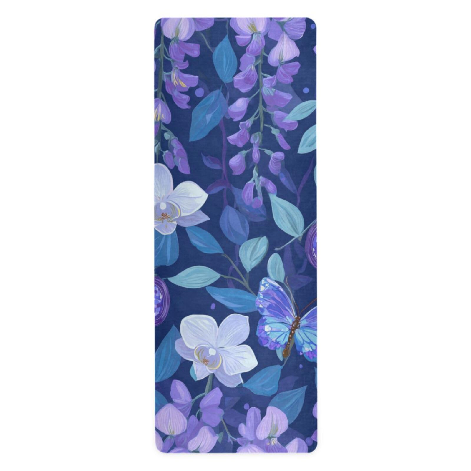 Blue Wisteria White Orchi Flowers Yoga Mats for Women, 71x26 inch Non-Slip Hot Yoga Mat, Eco Friendly Pilates Fitness Mats, Exercise Mats for Home Workout and Floor Exercises
